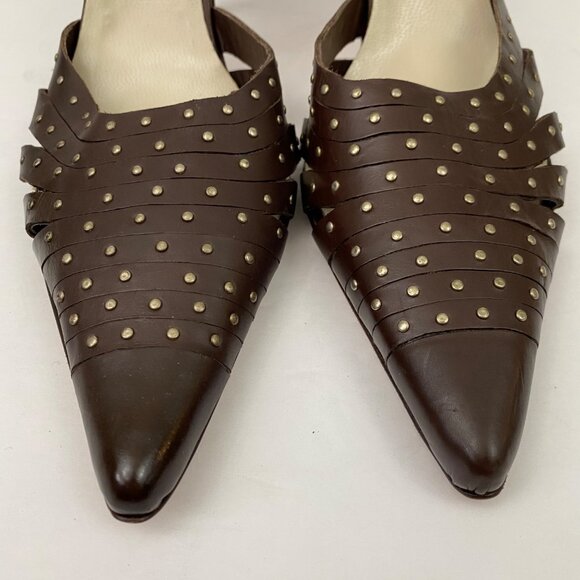 Charles David Brown Leather Studded Pointed Toe High Heels Ankle Strap Size 40 - Picture 2 of 10